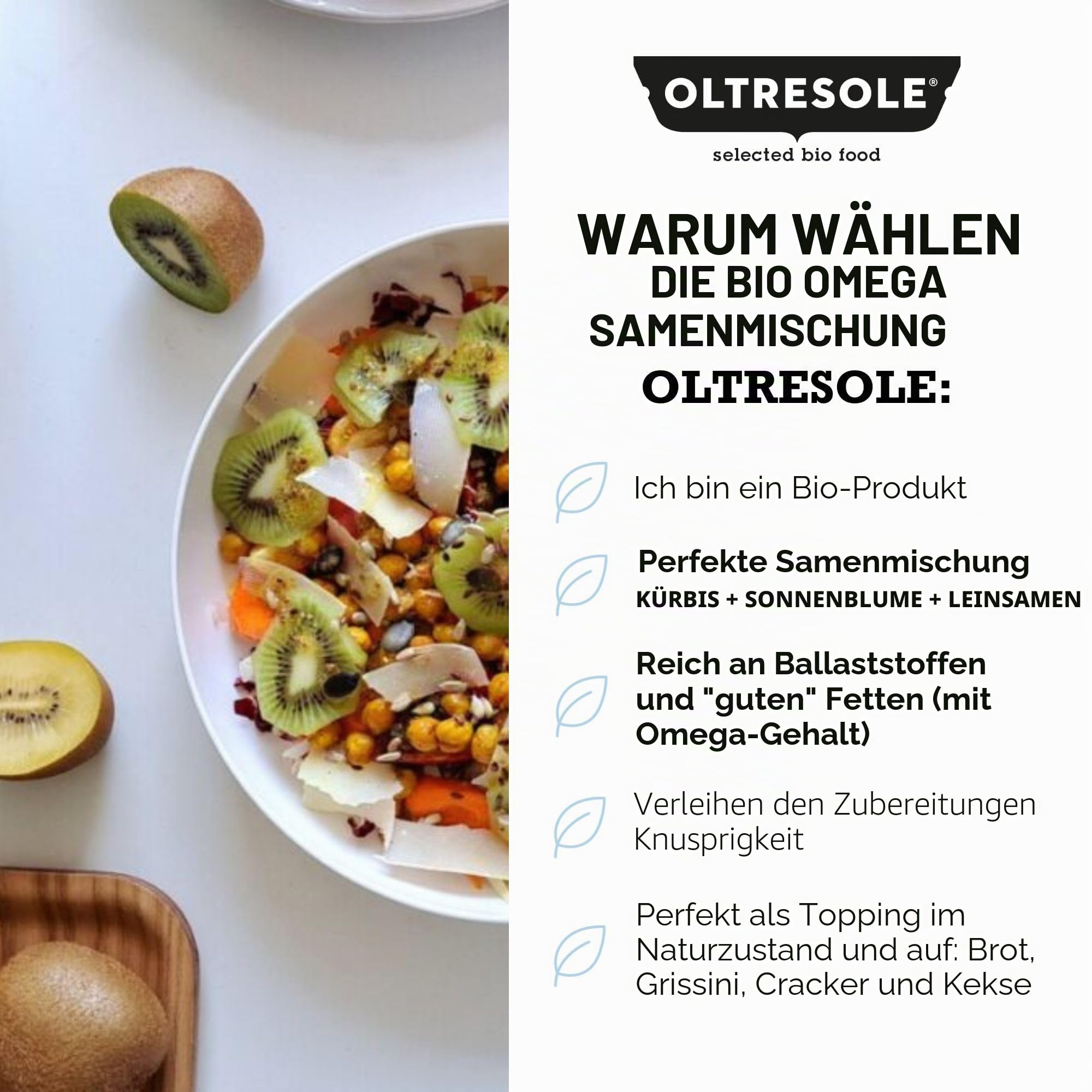 Oltresole, Bio-Omega-Samenmischung 3 kg (Mischung aus Kürbis-, Sonnenblumen- und Leinsamen), Mischung aus 3 ganzen rohen Ölsaaten, reich an Proteinen, Ballaststoffen und Omega-3-Fettsäuren