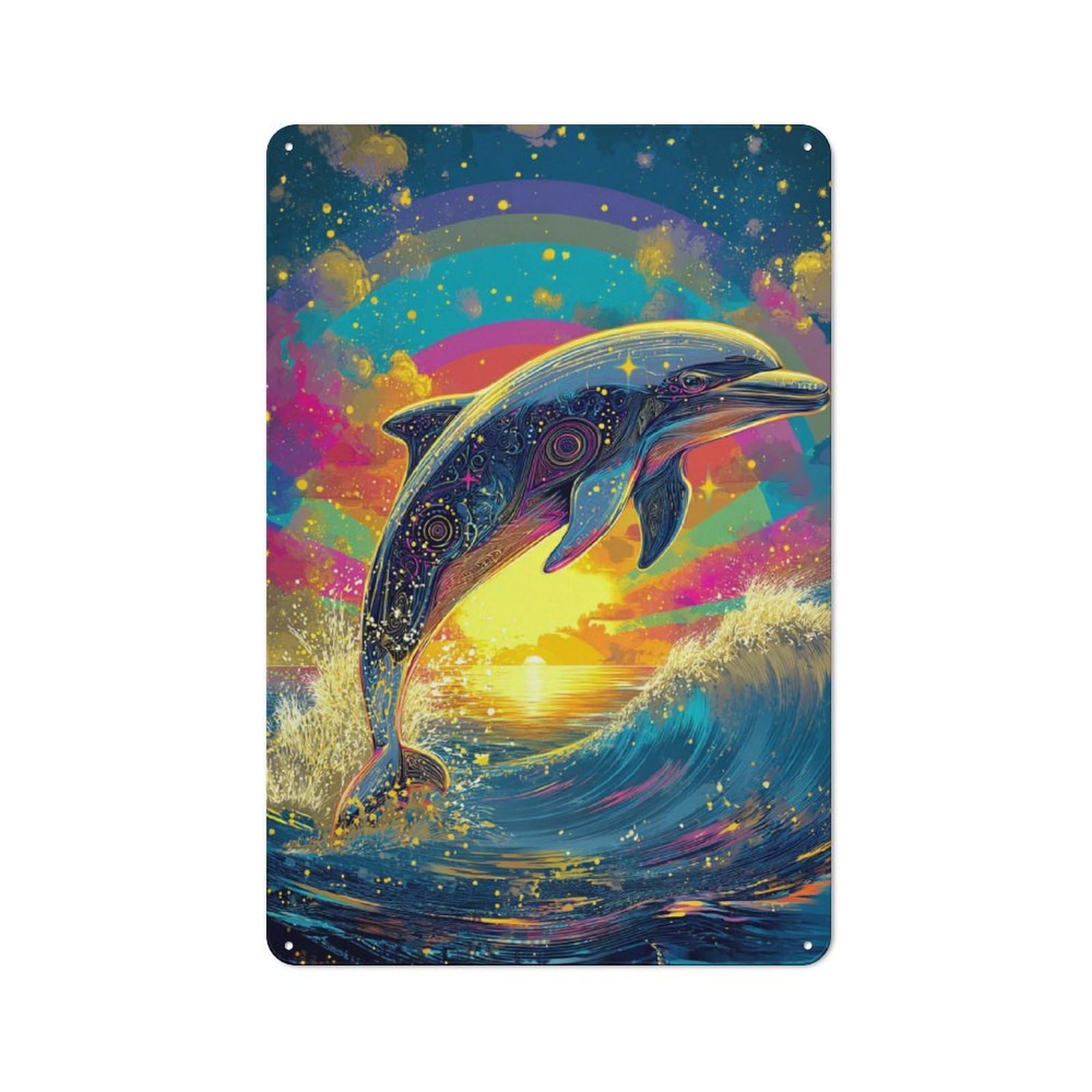 Colorful Dolphin Sunset Artwork Farmhouse Metal Sign 30x20cm, Barn Style Rustic Kitchen Decor for Cottage, Kitchen, Hallway Or Breakfast Nook