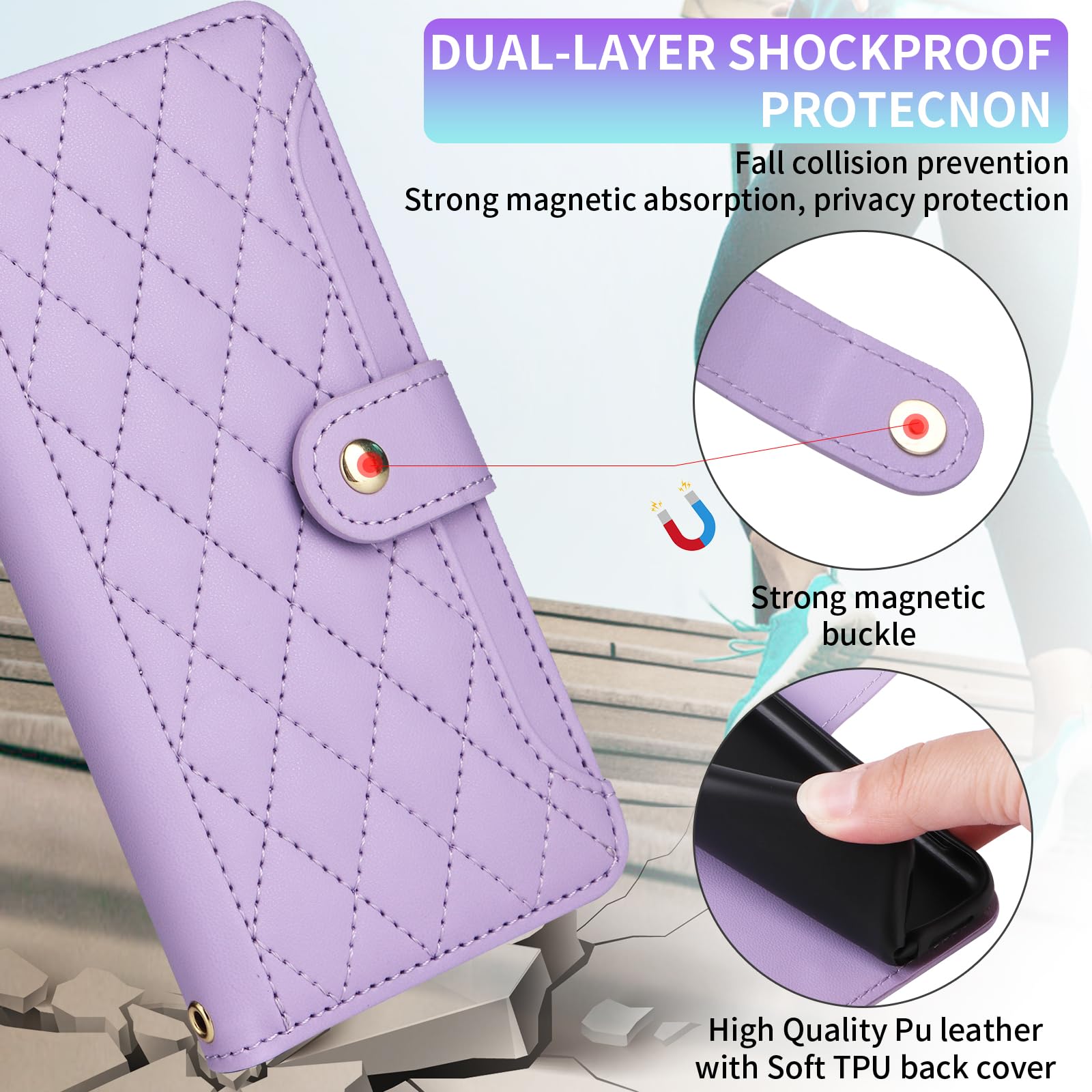 Phone Case for Samsung Galaxy A25 5G Wallet Cell Cover with Tempered Glass Screen Protector Strap Flip Credit Card Holder Accessories Stand Lanyard Wrist A 25 25A SM-A256U Women Girls Purple