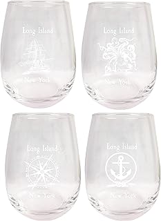 R and R Imports Long Island New York Souvenir 9 Ounce Laser Engraved Stemless Wine Glass Nautical Designs 4-Pack