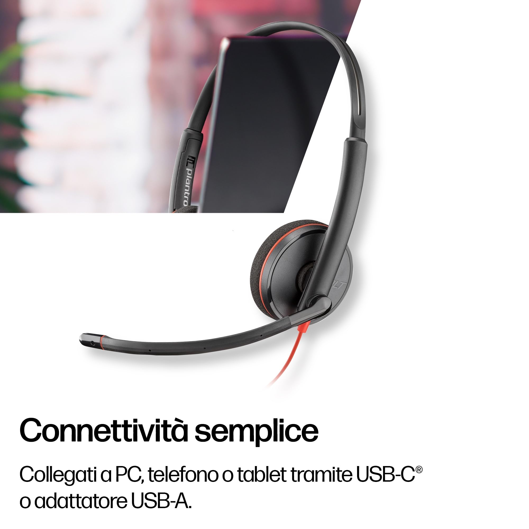 Poly Blackwire 3220, Cuffia Cablata con Connessione USB-A, USB-C, AUX 3,5 mm, Cuscinetti in Similpelle, Riduzione del Rumore e dell'Eco, Comandi sul Cavo, Compatibile con Windows 10 e macOS, Nero