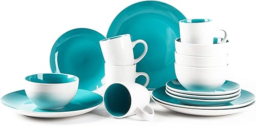 juego de vajilla de gres en forma de cupé de 16 piezas, exterior blanco + interior turquesa