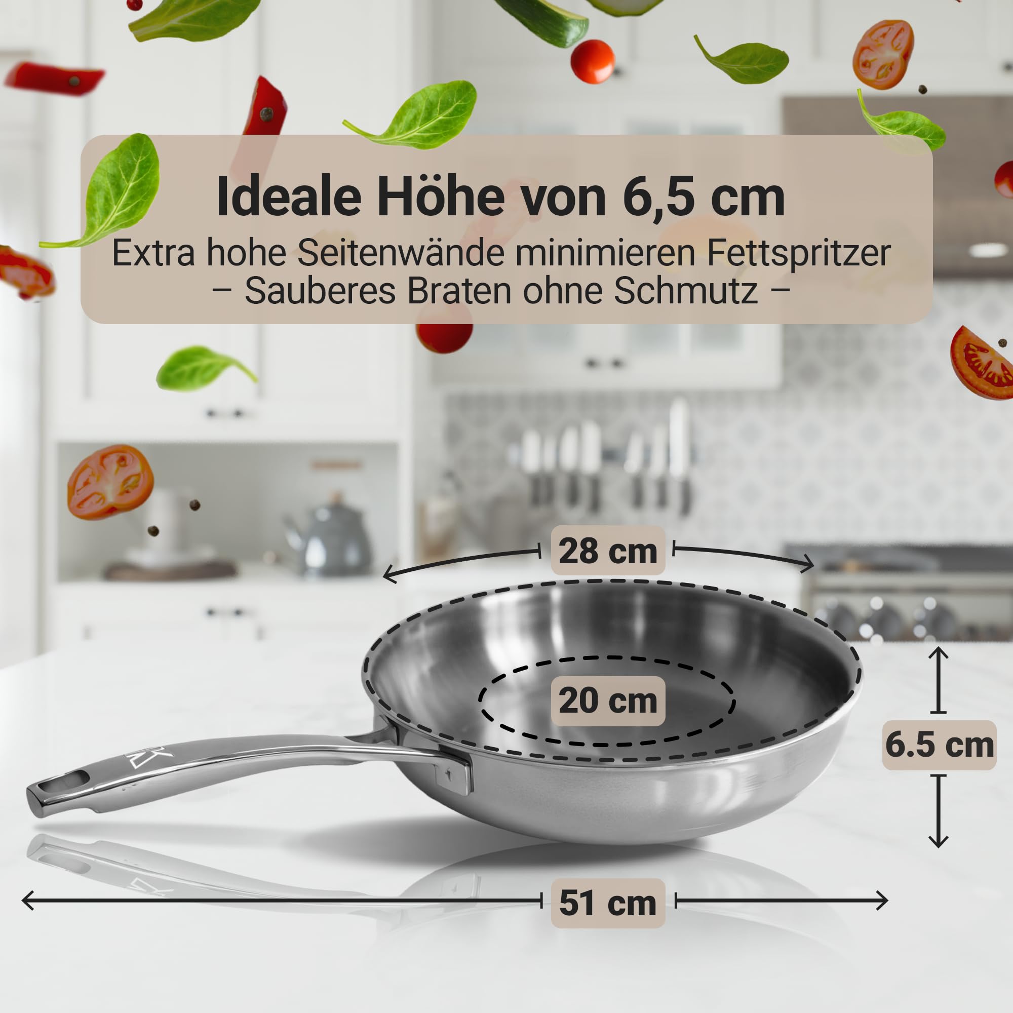 Kayzar Profi Edelstahlpfanne 28 cm - Bratpfanne unbeschichtet & PFOA-frei, Premium 3-lagiger Boden (3,5 mm) für gleichmäßige Wärmeverteilung & natürliche Antihaftwirkung, Induktion