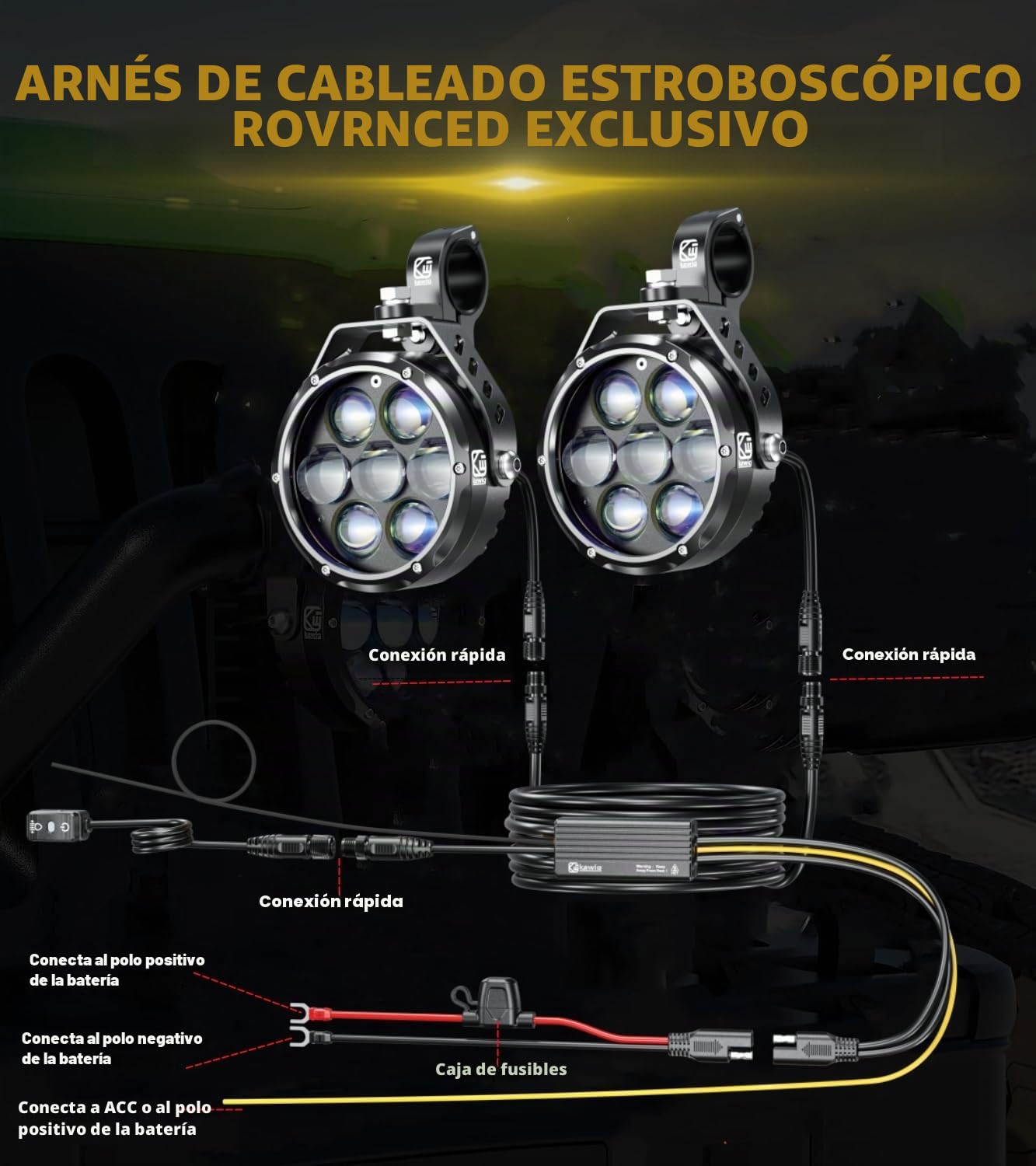 Kewig Luz adicional LED para motocicleta, 90 W, ámbar/amarillo blanco, faros auxiliares de dos colores, faros antiniebla con arnés de cables, faros de trabajo todoterreno, compatible con motocicleta