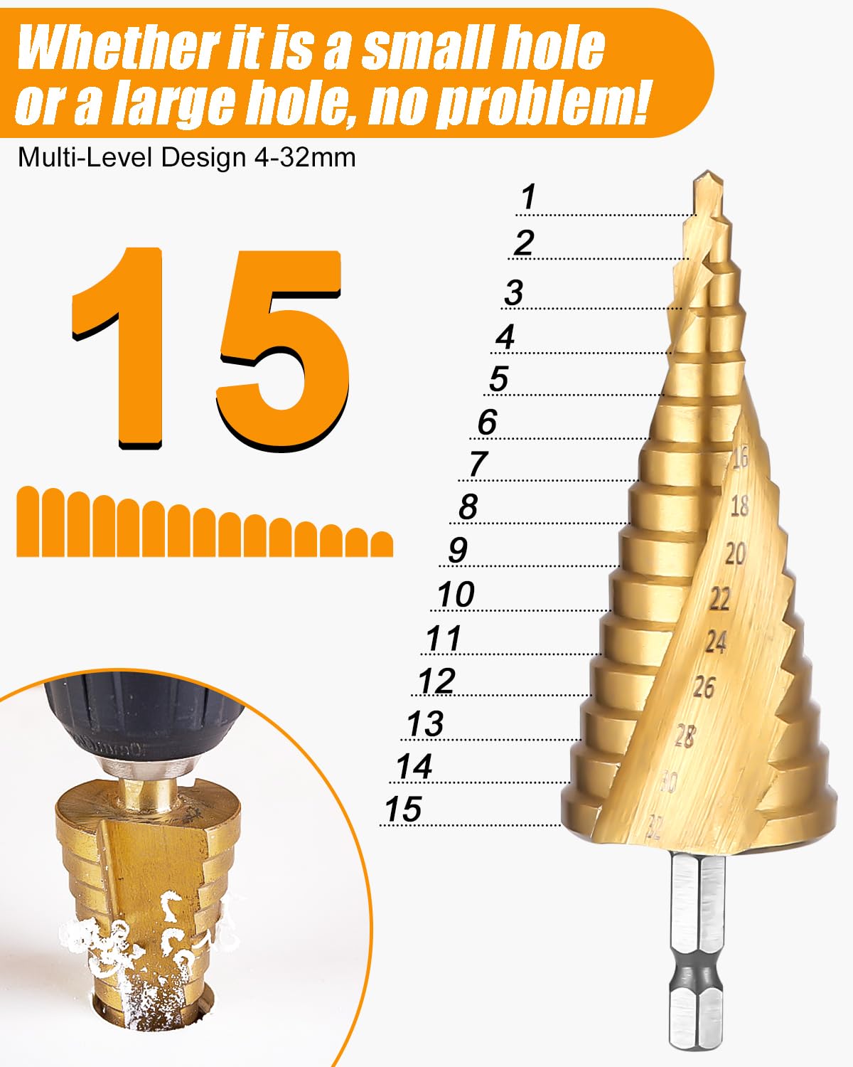 Set 4 Punte Coniche HSS In Titanio - Fresa A Gradini Per Legno E Metallo | Con Punzone Centrale E Custodia - Foto 7