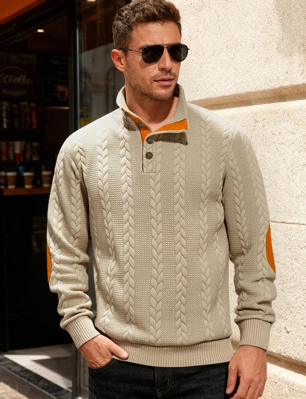 Mens Sweater Knitted Quarter Button Long Sleeve Casual Sweatshirts Quilted Stand Collar Pullover Cable Sweaters - Image 2