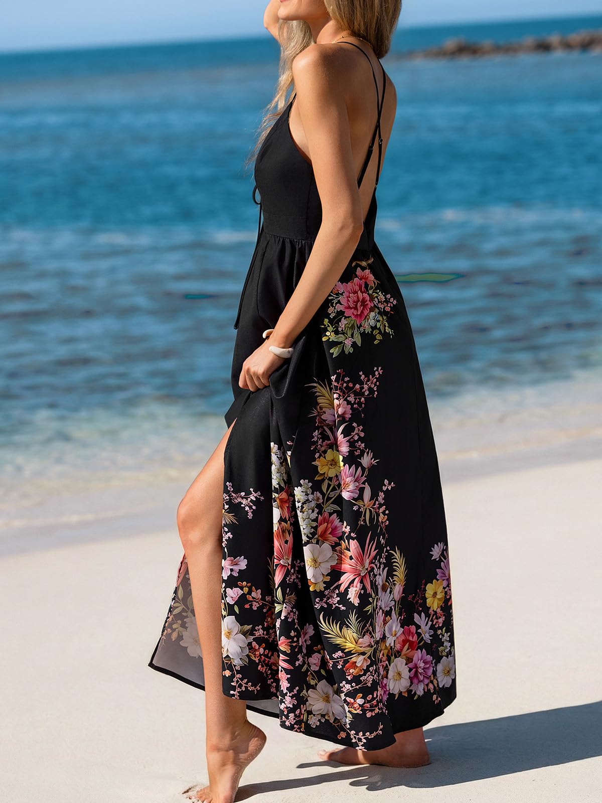 CUPSHE Damen Sommerkleid V-Ausschnitt Rückenfrei Kreuzträger Blumenmuster Seitenschlitz Lang Strandkleid Boho Urlaub Maxikleid
