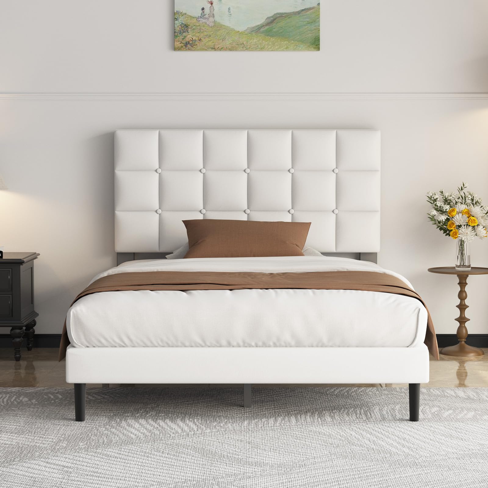 Yocreat Cama tapizada de 90 x 200 cm, cama individual con cabecero y somier, altura de 30 cm, color blanco