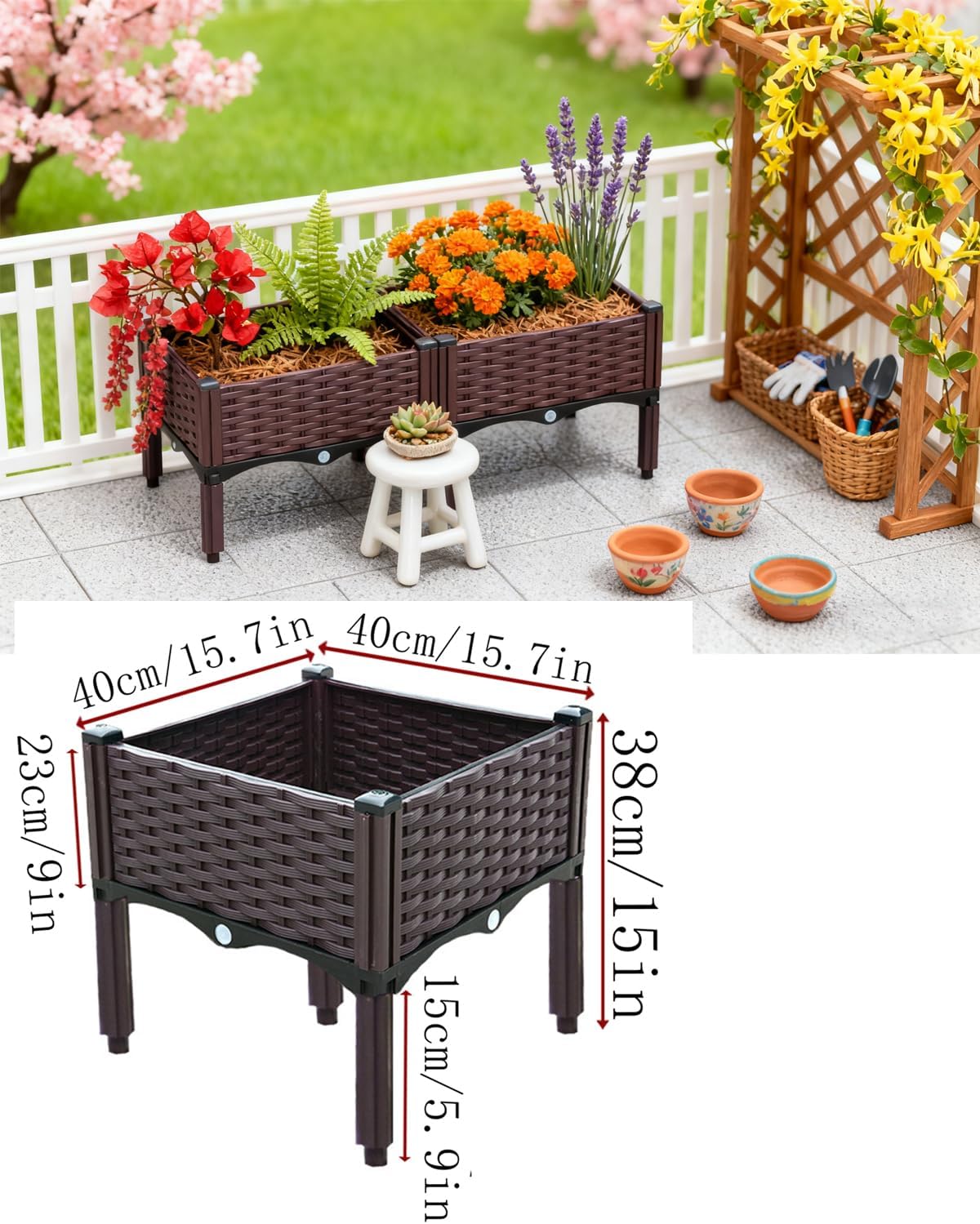 zeng Elevated Raised Garden Bed Planter with Drainage Holes – Reinforced PP Material, 15.7”x15.7”x15” for Vegetables, Flowers, Herbs – Patio, Deck, Balcony (1 Set)
