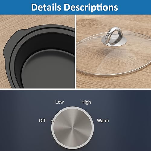 Miniatura 5 de Olla de cocción lenta de 3 cuartos de galón, olla pequeña con 3 ajustes de calefacción y olla de cerámica extraíble, mini calentador de alimentos