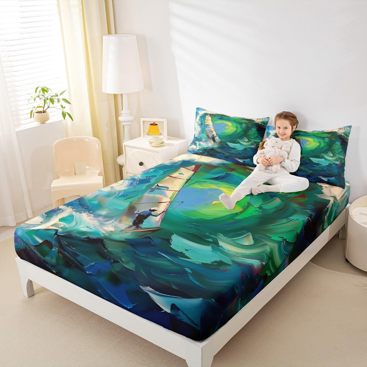 Erosebridal Windsurfing Sport Fitted Sheet Queen Size, Oil Painting Surfboard Bed Sheets for Kids Boys Girls, Sea Waves Microfiber Bed Cover for Bedroom, Marine Sports Bedding Sheets & Pillowcases