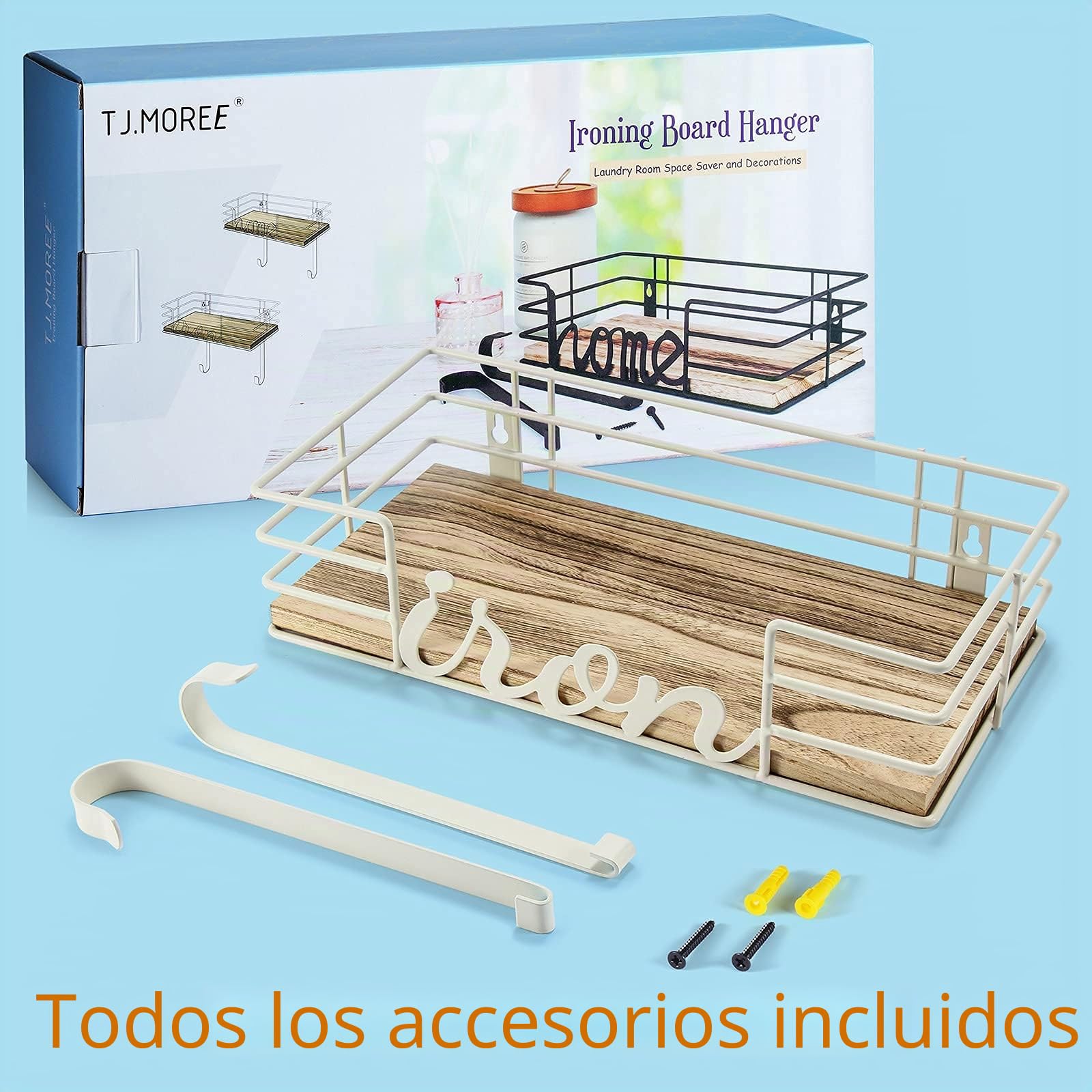 TJ.MOREE Soporte de pared para colgar tabla de planchar – Soporte para plancha y tabla de planchar para cuarto de lavado, soporte de pared de metal con cesta de base de madera grande