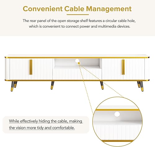 Miniatura 95 de Merax Moderno soporte de TV con patas de metal, asas doradas, líneas geométricas y estantes ajustables para televisores de hasta 80 pulgadas, mesa