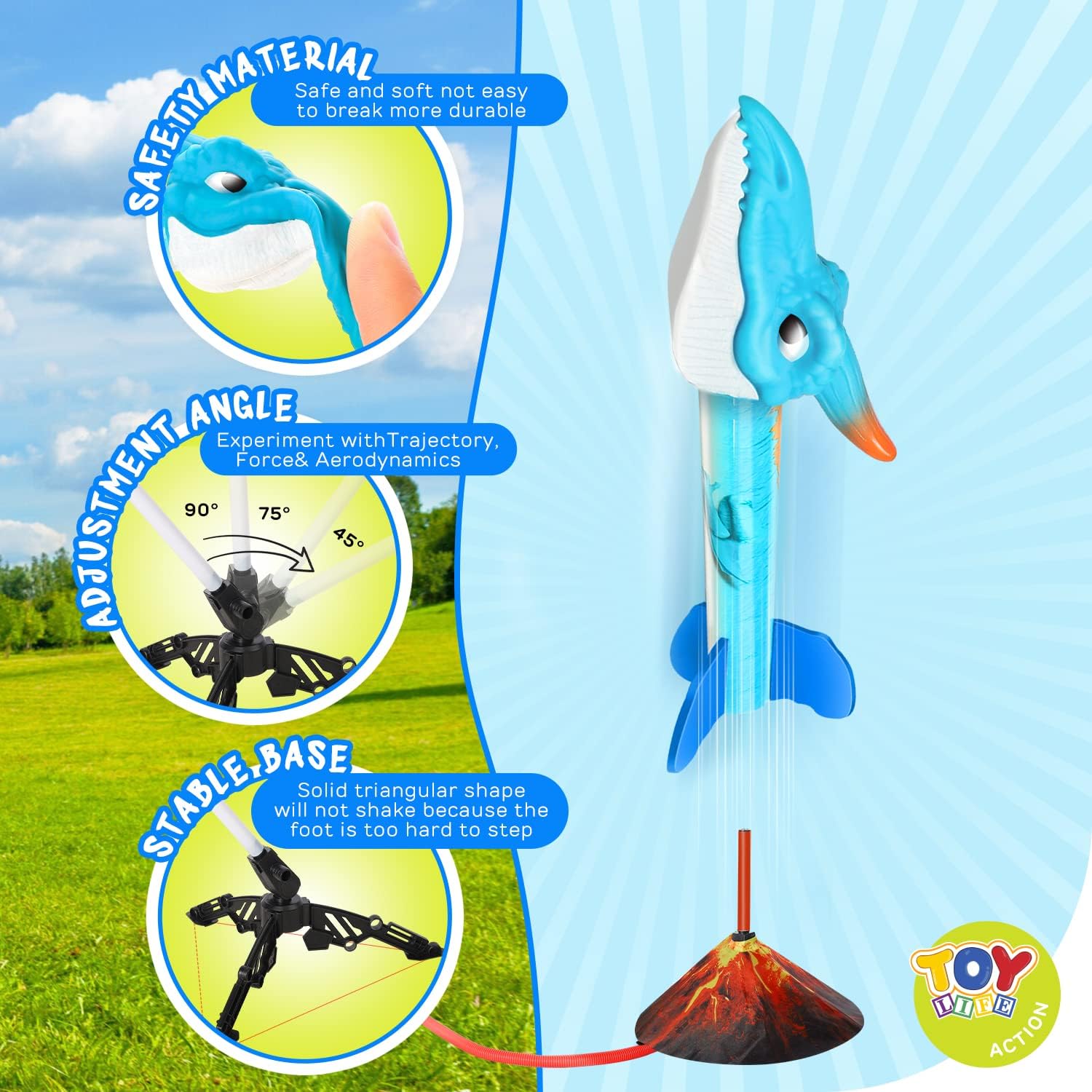TOY Life Toy Rocket Launcher for Kids with 6 Foam Rockets Refills, Dinosaur Toys for Kids 5-7, Air Rocket Launcher for Kids, Shoots Up to 100 Feet Dinosaur Outdoors Outside Toys Gifts for Boys