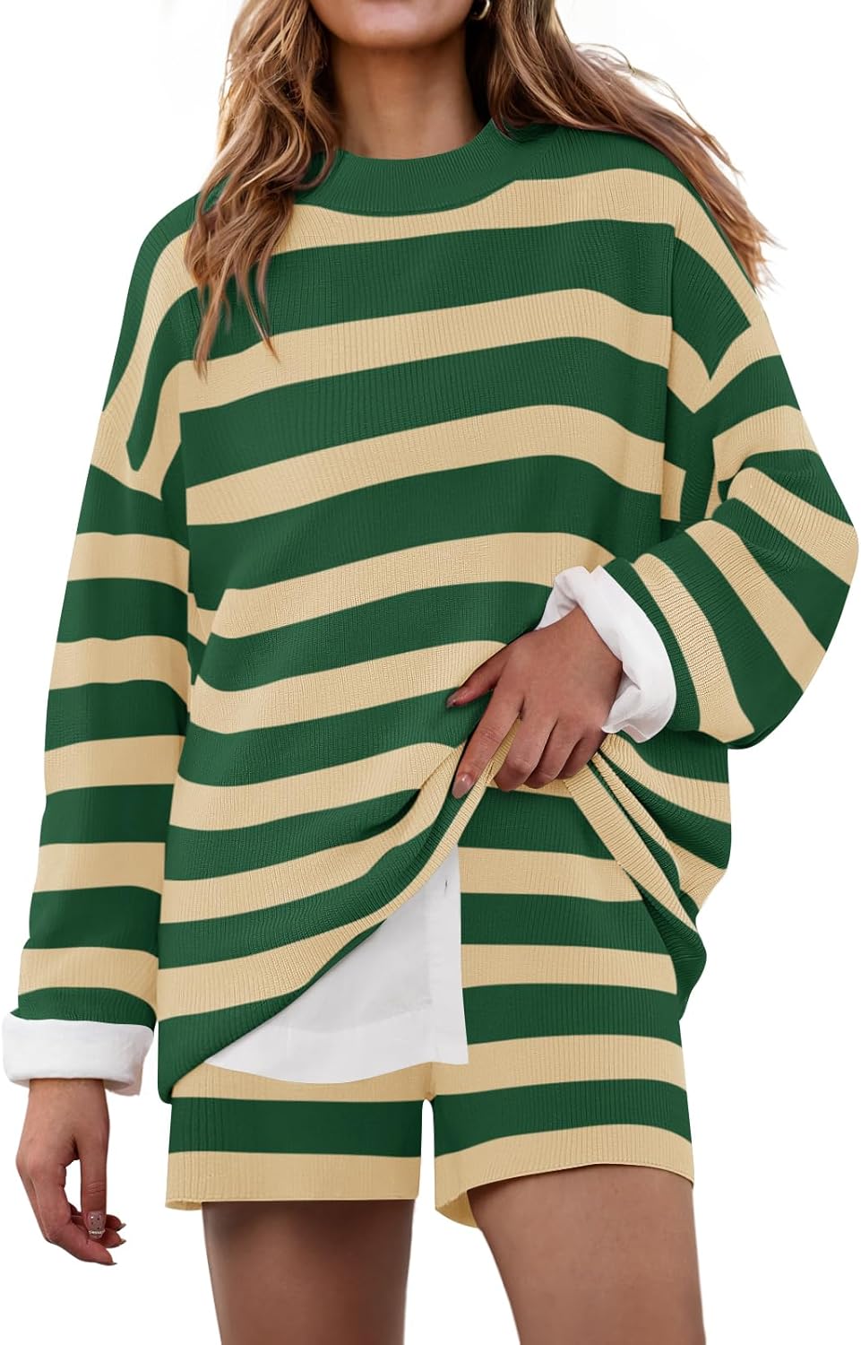 ZESICA Striped Lounge Sets for Women Fall 2026 2 Piece Oversized Outfits Long Sleeve Tops and Shorts Sweater Pajama Set