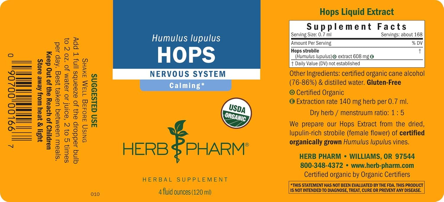 Herb Pharm Certified Organic Hops Liquid Extract for Calming Nervous System Support - 4 Ounce