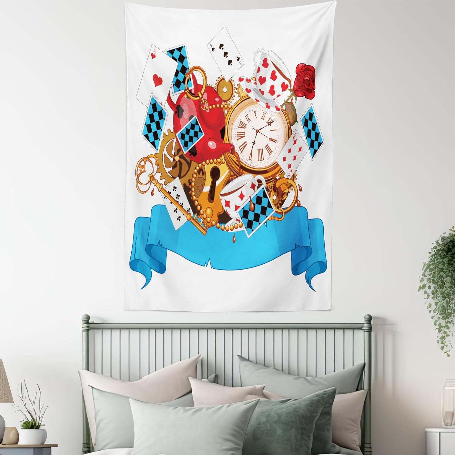 Ambesonne Alice in Wonderland Tapestry, Mad Design of Cards Clocks Tea Pots Keys Flowers Fantasy World Art, Wall Hanging for Bedroom Living Room Dorm Decor, 60" X 80", Teal Green
