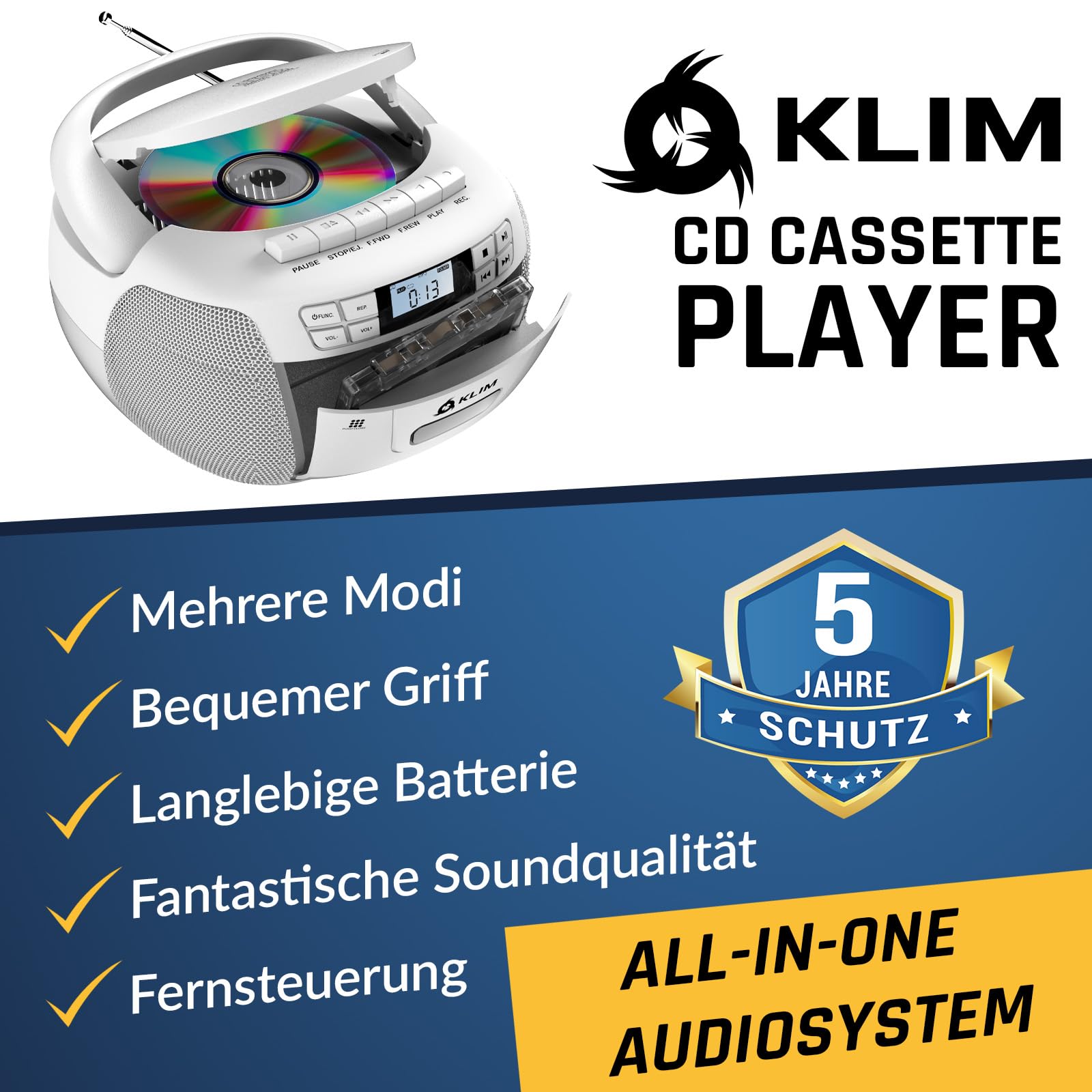 KLIM CD Player mit Kassette, Kassettenspieler, Kassettenrekorder, Radio mit CD und Kassette, CD Player mit Radio & USB, Bluetooth CD-Player, AM/FM Radio, Netz- und Batteriebetrieb - Weiß