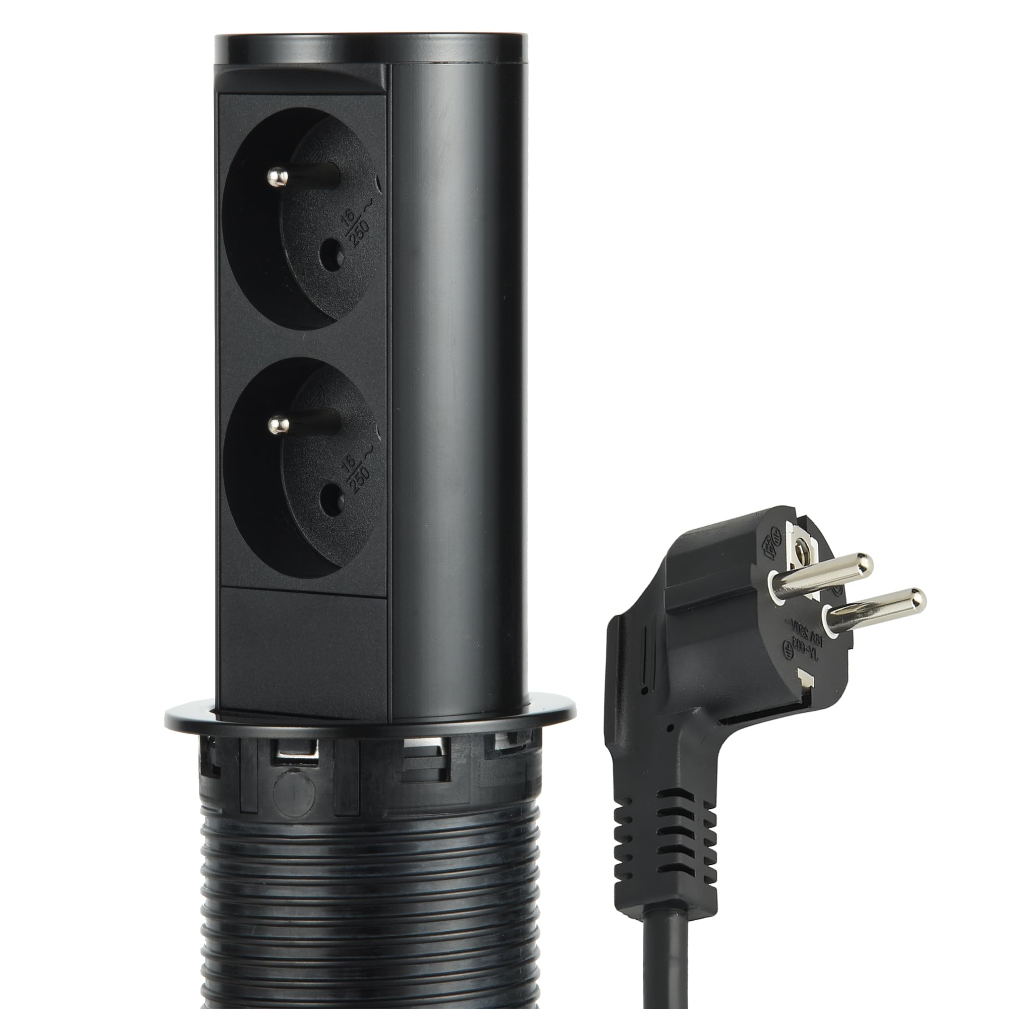 Electraline 35464 Listwa zasilająca zwijana z 2 gniazdami francuskimi, standardowa średnica 60 mm, gniazdo wpuszczane do kuchni i biura, obudowa ze stali nierdzewnej w kolorze czarnym