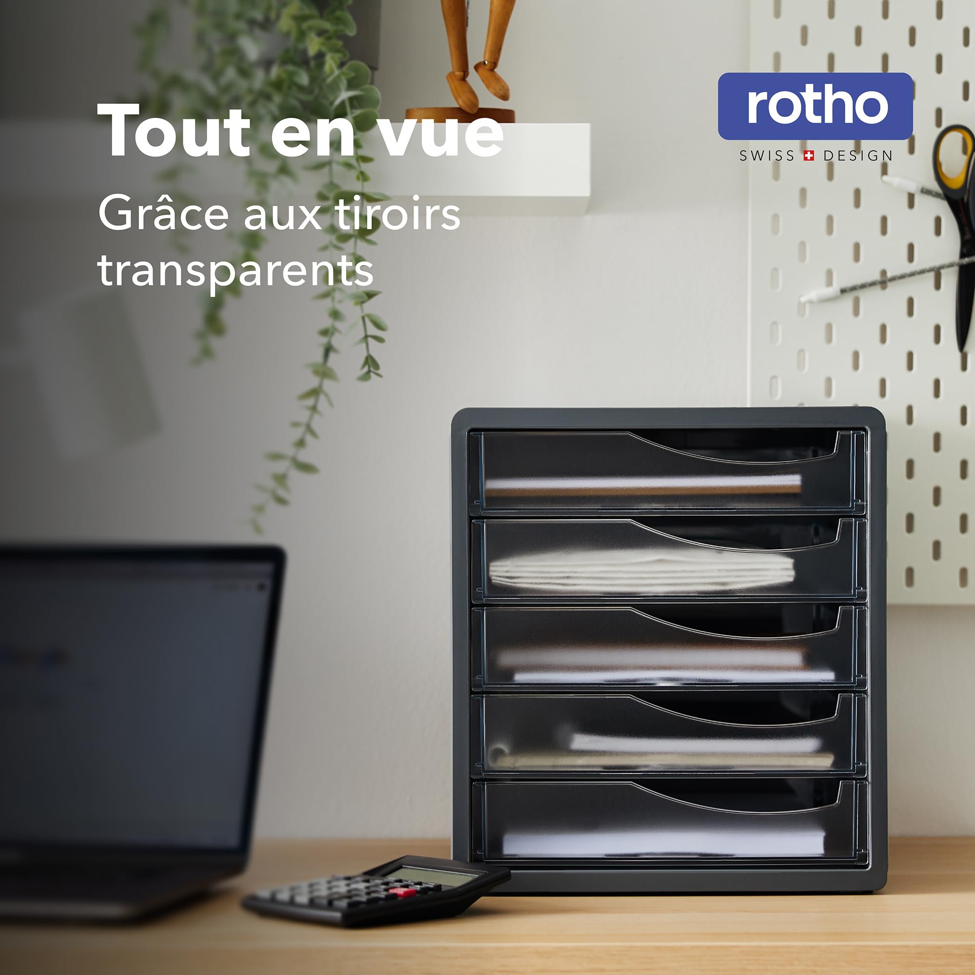 Rotho Spacemaker Boîte à Tiroirs / Boîte de Bureau à 5 Tiroirs, Plastique (Ps) sans BPA, Transparent / Noir, 33,5 X 28,5 X 32,0 cm | Système de rangement avec 5 tiroirs fermés, compartiments pour stylos et butée coulissante, plastique sans BPA robuste