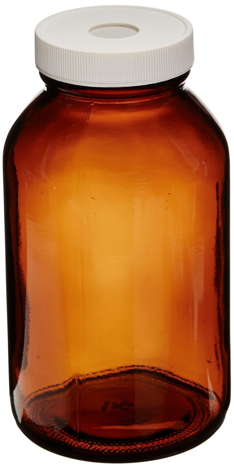 JG Finneran 9-150-2 Amber Borosilicate Glass Wide Mouth Precleaned Packer with Open Top White Polypropylene Closure, 53-400mm Cap Size, 500cc Capacity (Pack of 12)