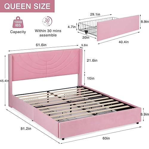 Miniatura 84 de VECELO Base de cama tamaño matrimonial tapizada con cabecera de tela, soporte de listones de madera, no necesita somier, base de colchón, color