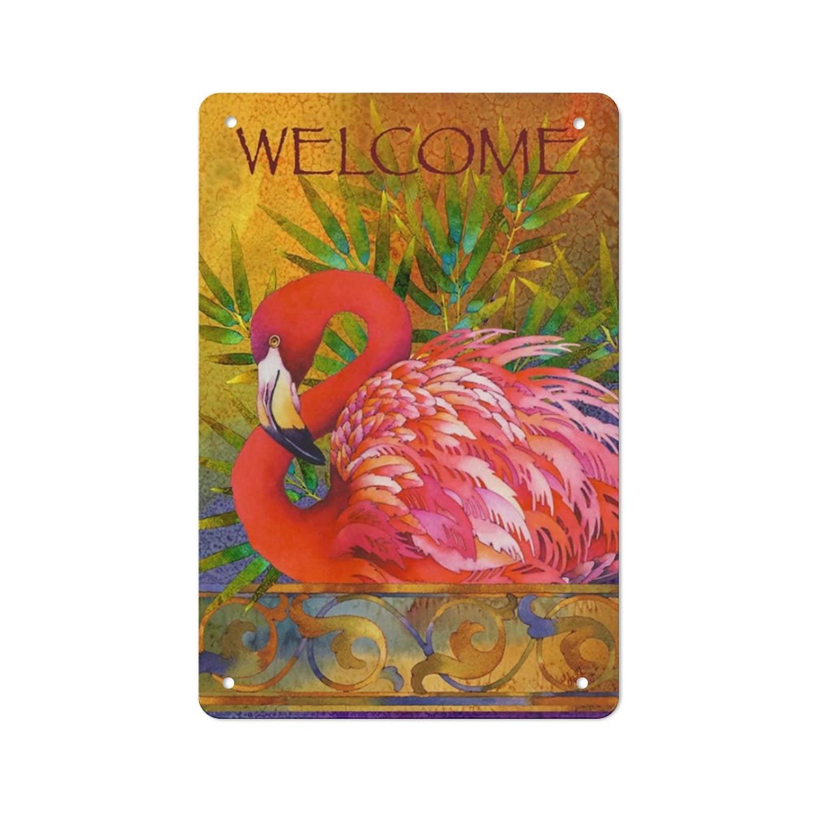 AOOEDM Welcome Flamingo Tin Metal Sign Wall Decor Funny Inspirational Quote Wall Art Sign Vintage Tin Signs For Home Coffee Bar Man Cave Sign Pub Poster