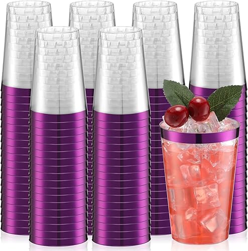100 vasos de plástico desechables de 12 onzas, vasos de plástico transparente con borde para cumpleaños, bodas, fiestas, elegantes tazas de vino,