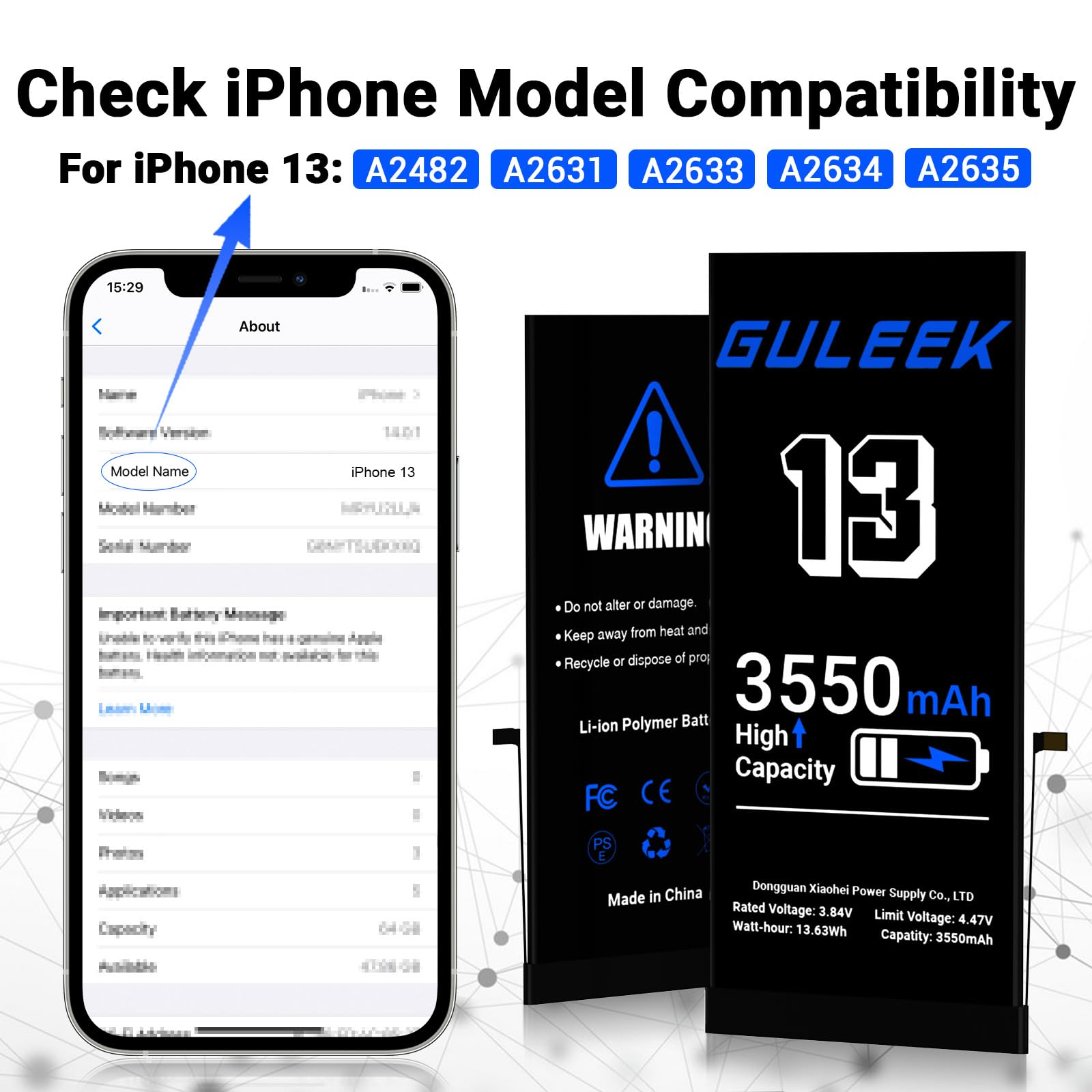 Batteria Compatibile con iPhone 13, 3550mAh Alta Capacità Reale, Kit di Sostituzione con Strumenti e Guida