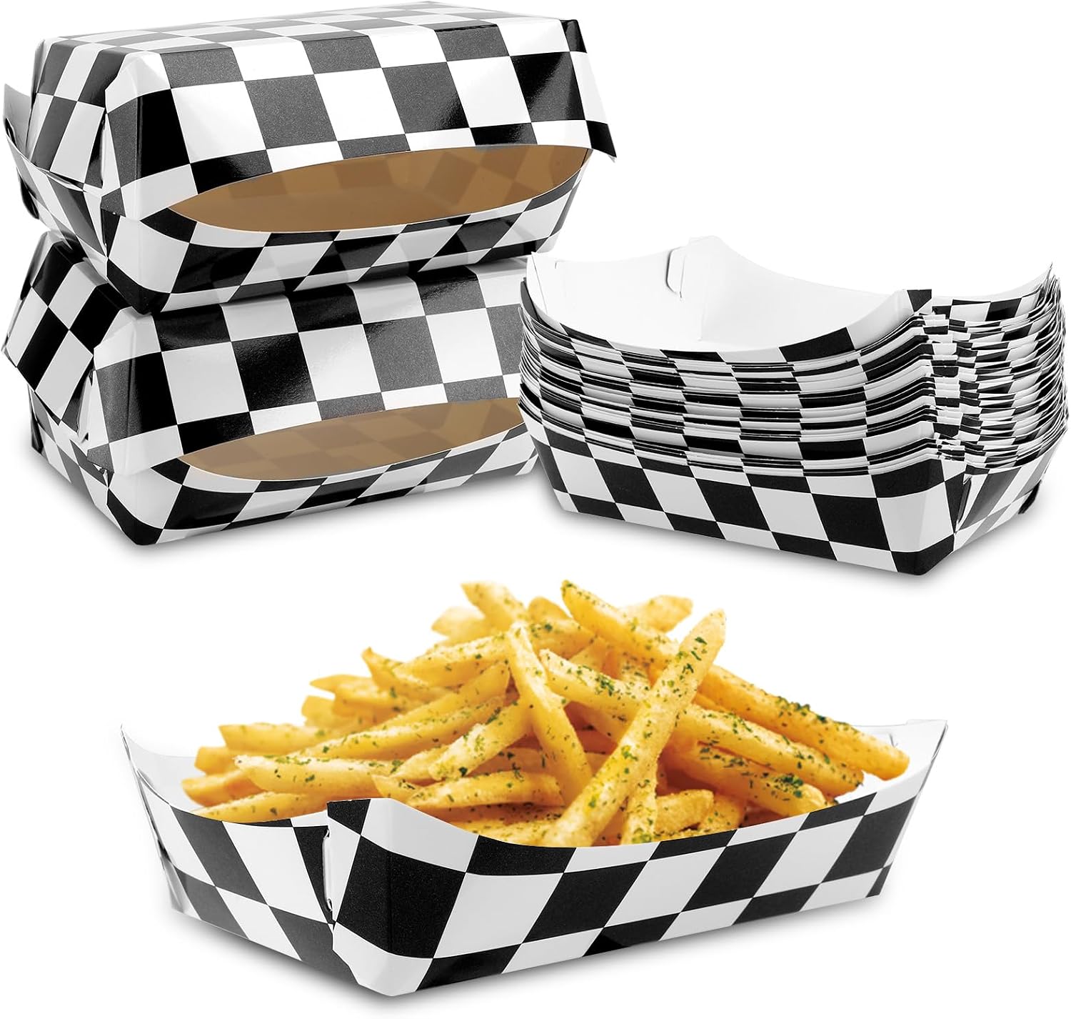 24pcs Race Car Paper Food Trays, Black and White Checkered Dishes Food Serving Plate Boxes Racing Themed Birthday Party Decoration Supplies for Popcorn Fries Cookie Snack, Needs to be Folded