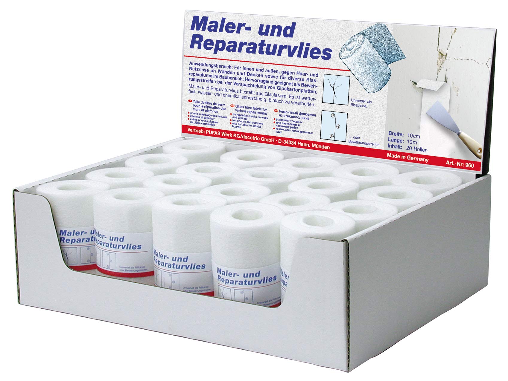 Baufan Maler- & Reparaturvlies 0,10m x 10m Weiß I Glasfaservlies zum Ausbessern von Haar- & Netzrissen