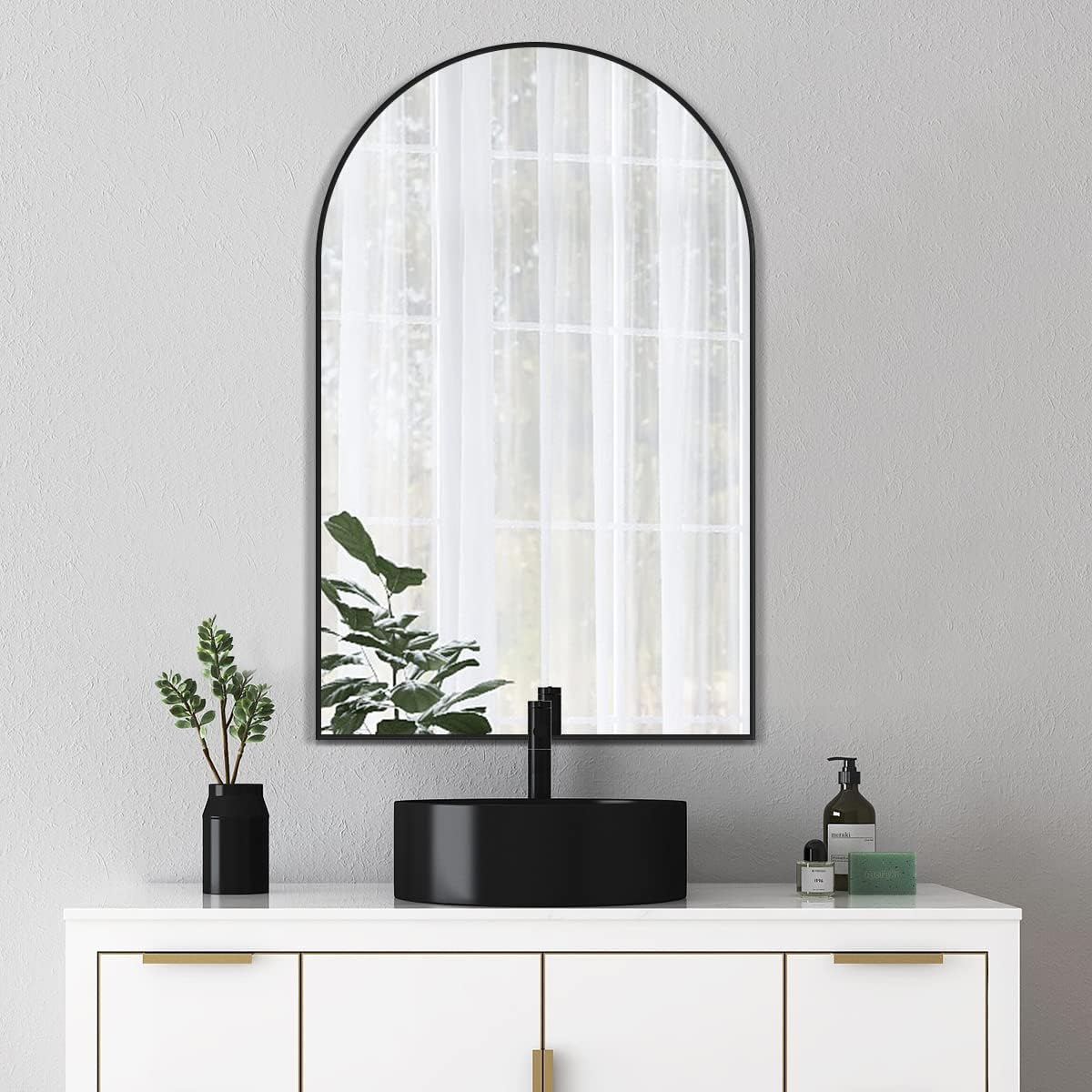 Arched Wall Mirror, Black Decorative Hanging Mirror, 36"x24" Vanity Mirror Brushed Aluminum Alloy Frame for Bathroom, Bedroom, Living Room, Entryway, Hang Vertical or Horizontal
