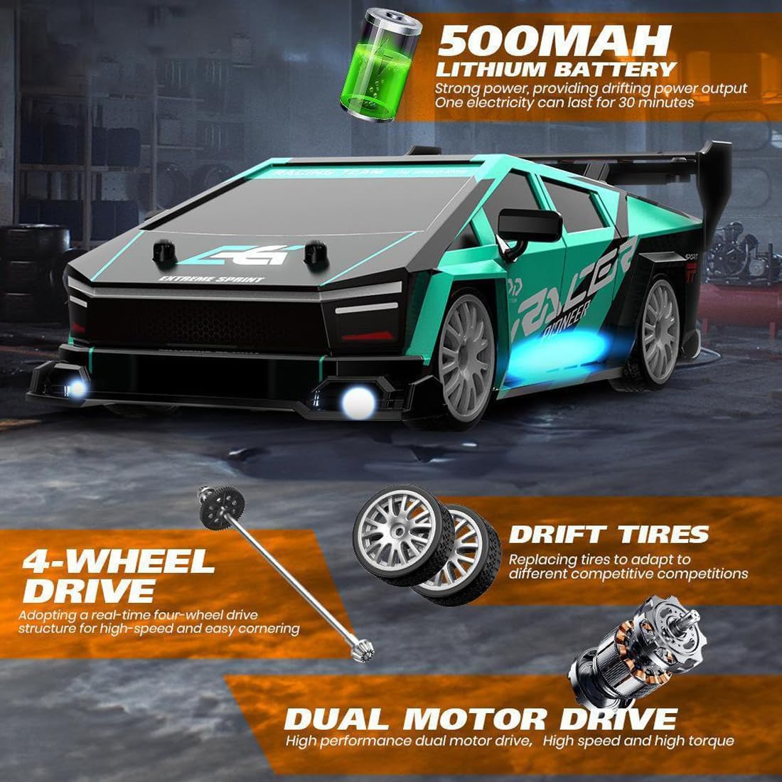 1/24 Scale Mini RC Drift Car, 4WD High-Speed 30KM/H 2.4GHz Electric Remote Control Racing Sports Cars with LED Lights Vehicle for Adults Enthusiasts - Blue/ 3PCS Battery