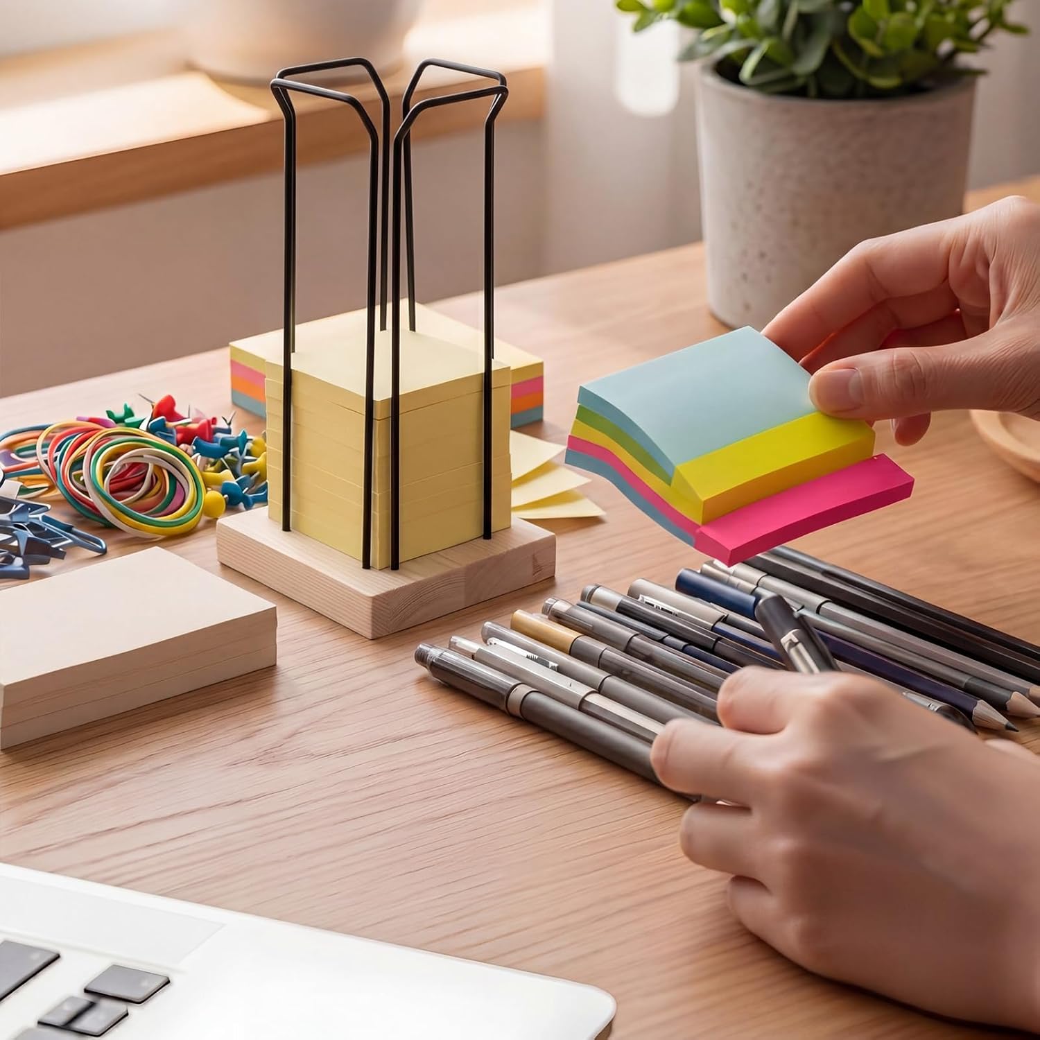 Landhoow Sticky Note Holder for Classroom, 12 Inch Tall Wood and Metal Note Dispenser Hold up to 24 Pad Capacity, Back to School Large Memo Pad Storage for Office, Dorm, Desktop Organizer