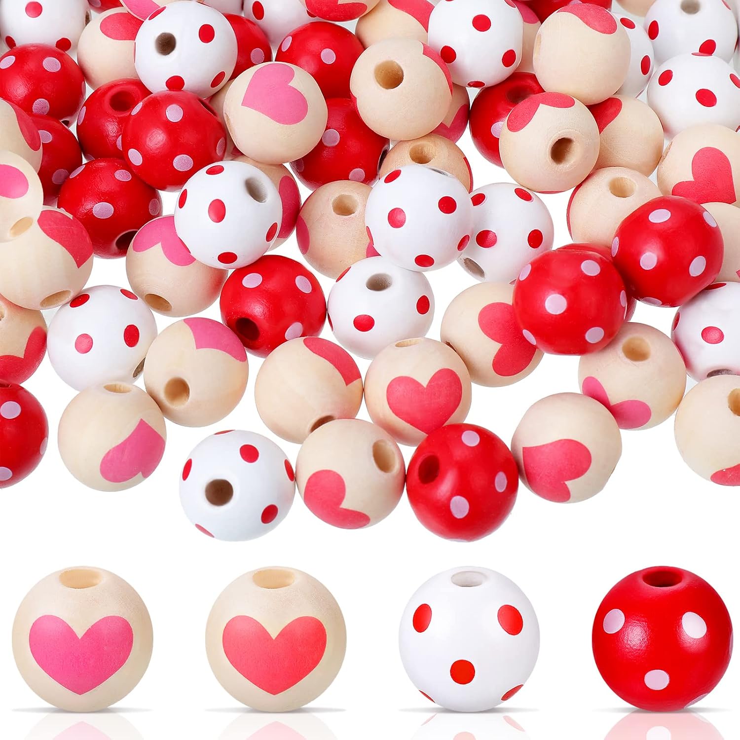 120 Pieces Valentine's Day Wood Beads 0.6 Inch Pink Wooden Beads Heart Tassel