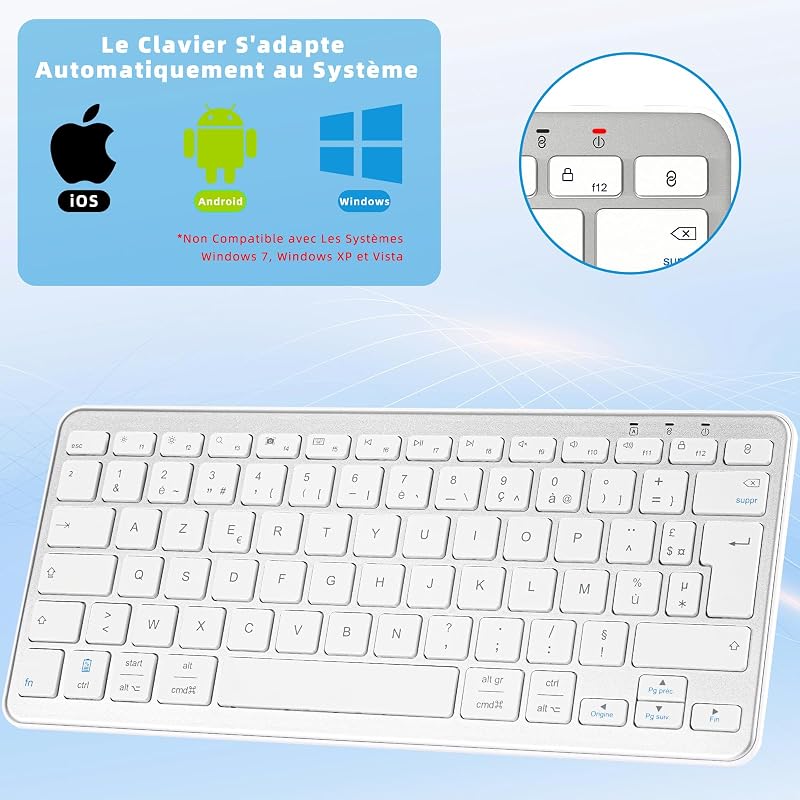 Qulose Bluetooth mini francia AZERTY billentyűzet, halk könnyű, USB-C újratölthető, 12 multimédia gomb, Mac iPad iPhone Android Windows, ezü
