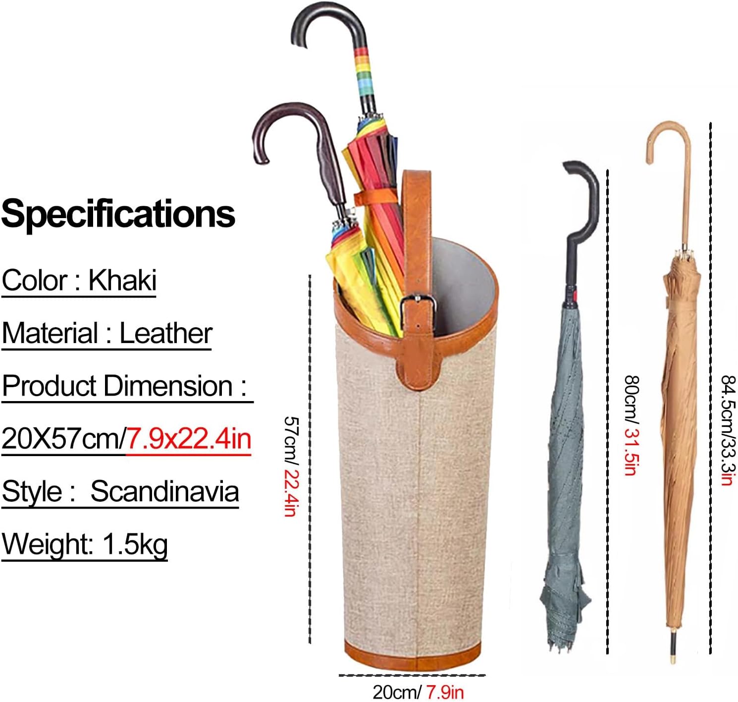 Brown Leather Umbrella Stand with Large Capacity for 5 10 Long Umbrellas Drip Tray Hooks Ideal for Entrances Decks Garages Office 20X57cm