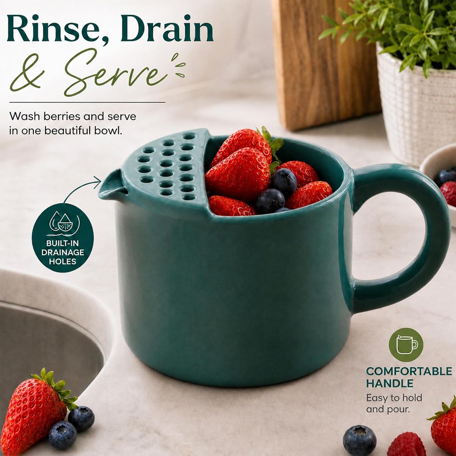 Ceramic Berry Washing Bowl with Drain Holes Handle, Blue