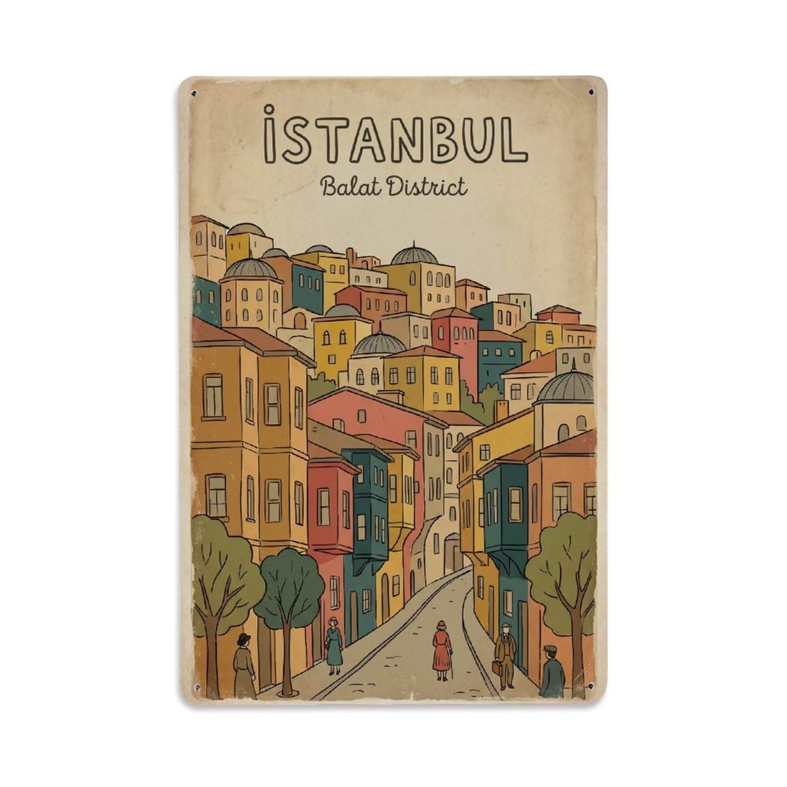 Gead 8X12inch Style Vintage Travel Istanbul Balat District Colorful Metal Tin Sign