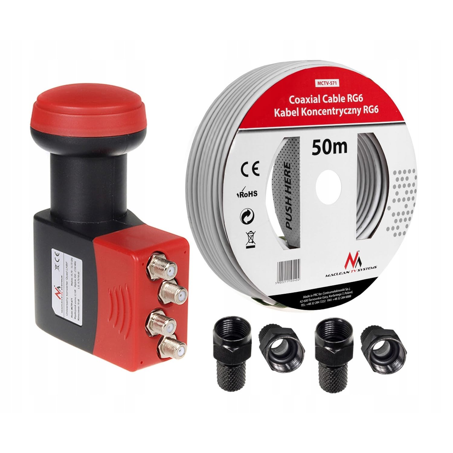 Maclean MCTV-671 Quad LNBF avec câble de 50 m et 4 fiches F | Convient pour les récepteurs satellites analogiques et numériques 0,1 dB SKY 3D Full HD Compatible avec commutateur numérique Full HDTV