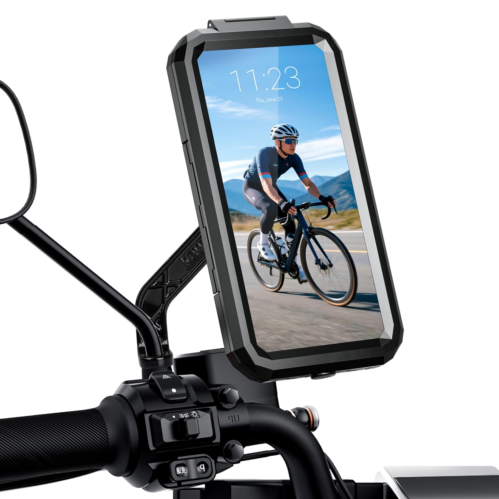 Support Téléphone Moto étanche Rotation à 360 Anti-Vibrations Porte Telephone Moto avec ID Tactile Sensible Support Smartphone Scooter Rétroviseur pour 5.5-6.8 Pouces Smartphones (Noir, L)