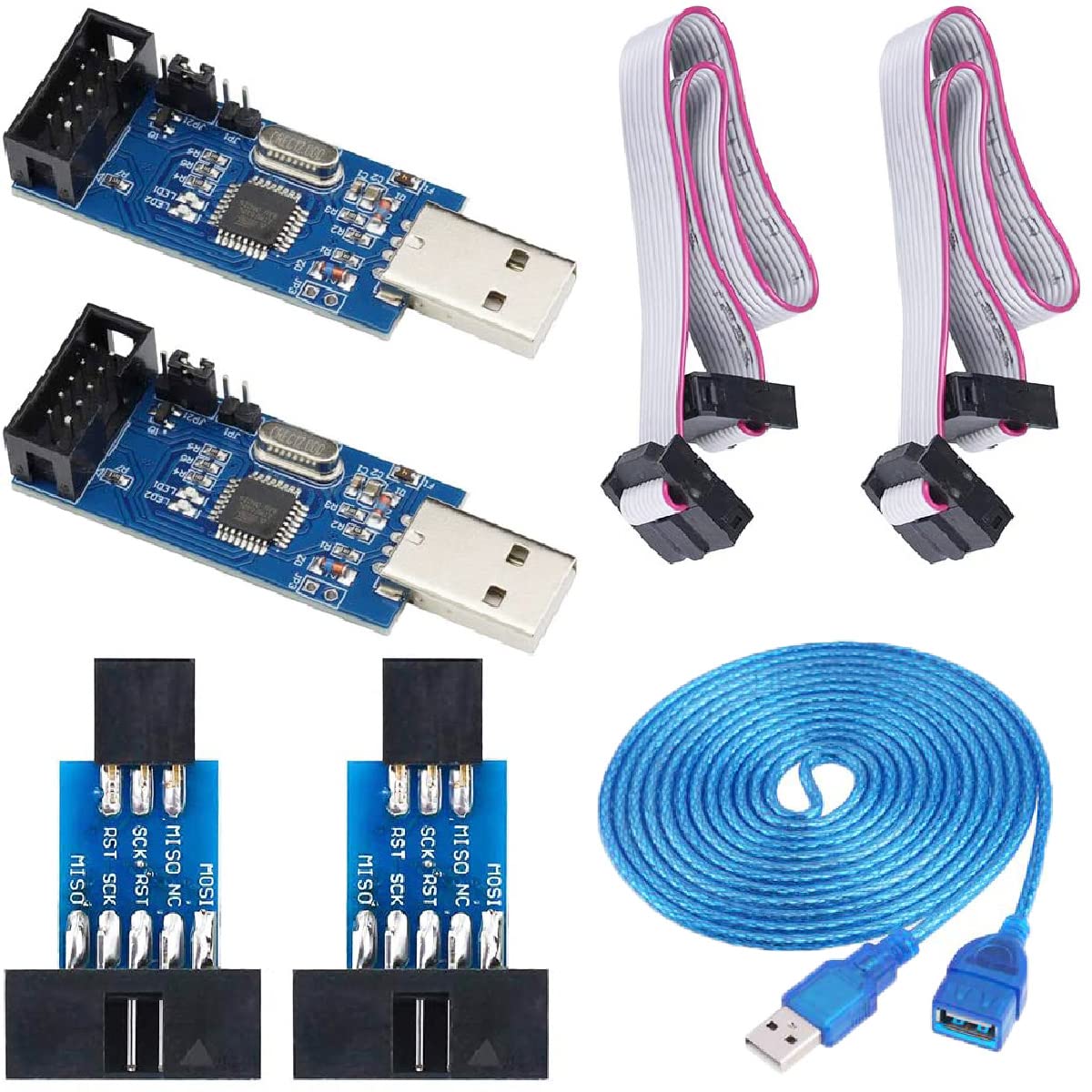 Youmile 2 pcs USBASP ISP Downloader Programmer Microcontroller Module with Cable and 10Pin to 6Pin Adapter Board USB extension cable for 51 for AVR Series Microcontroller