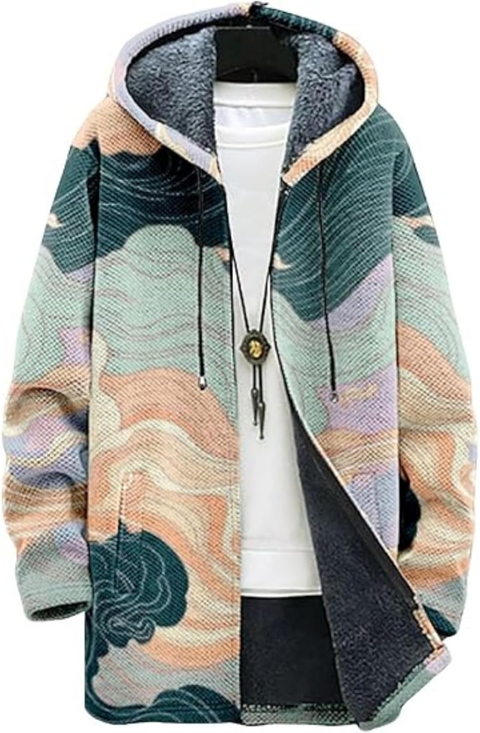 Scapodo Men's Hooded Sweater Coat Knit Fleece Lined Long Cardigan Jacket with Zip Front Pocket Vintage Casual Zip Up