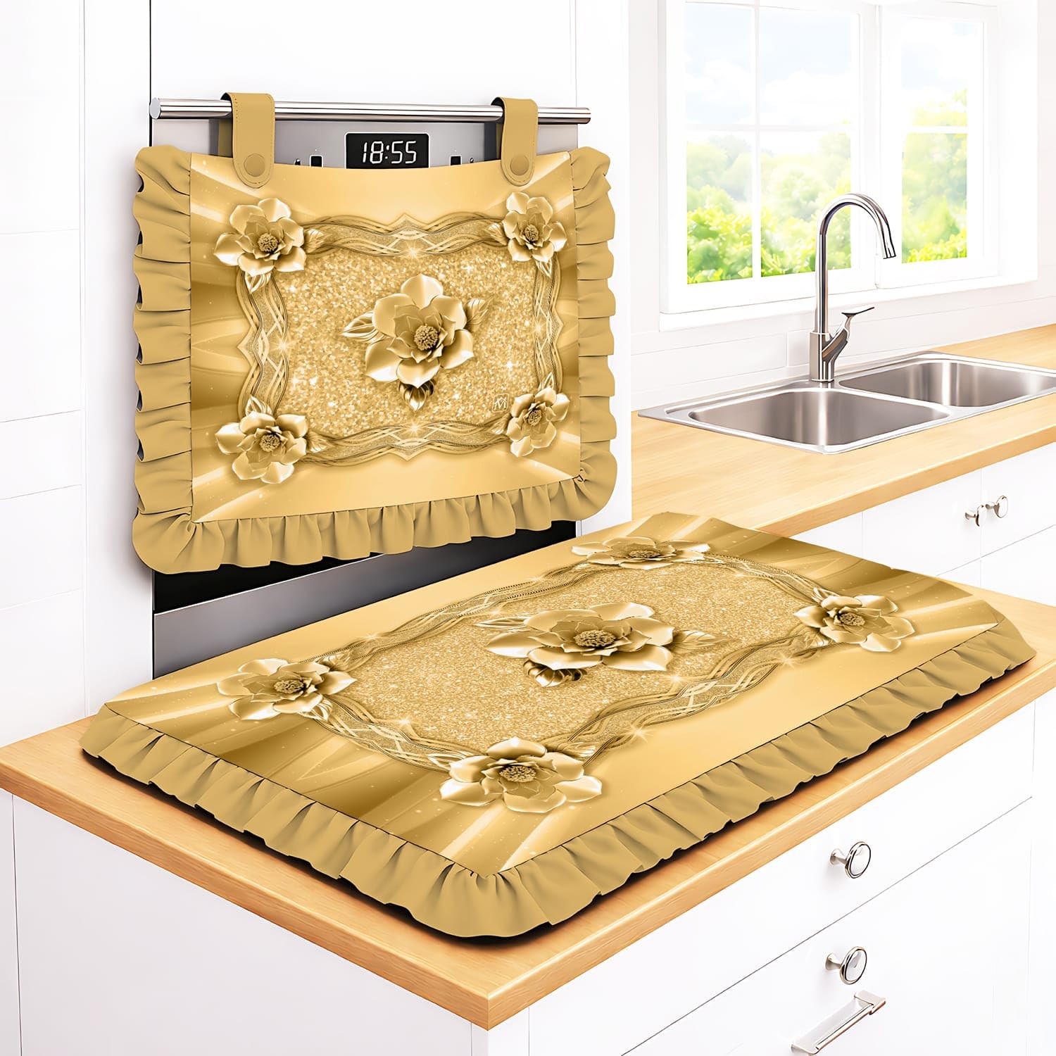 Set Cucina Copriforno 40x50 cm + Coprifornelli 46x70 100% microfibra anallergica Design Fiori Effetto Metallo e Balze - Protezione Completa 4 Colori stampa digitale 4K Made in Italy (Oro)