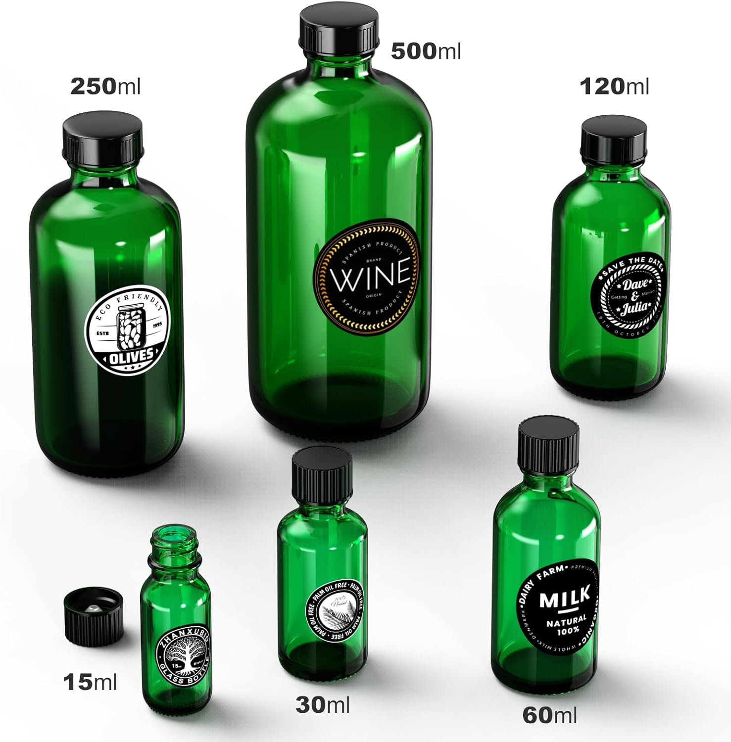 4 oz Green Glass Bottles 6PCS, 120ml Boston Round Sample Bottles with Black Poly Cone Caps, Labels, Funnels (120ml 4oz, Green)