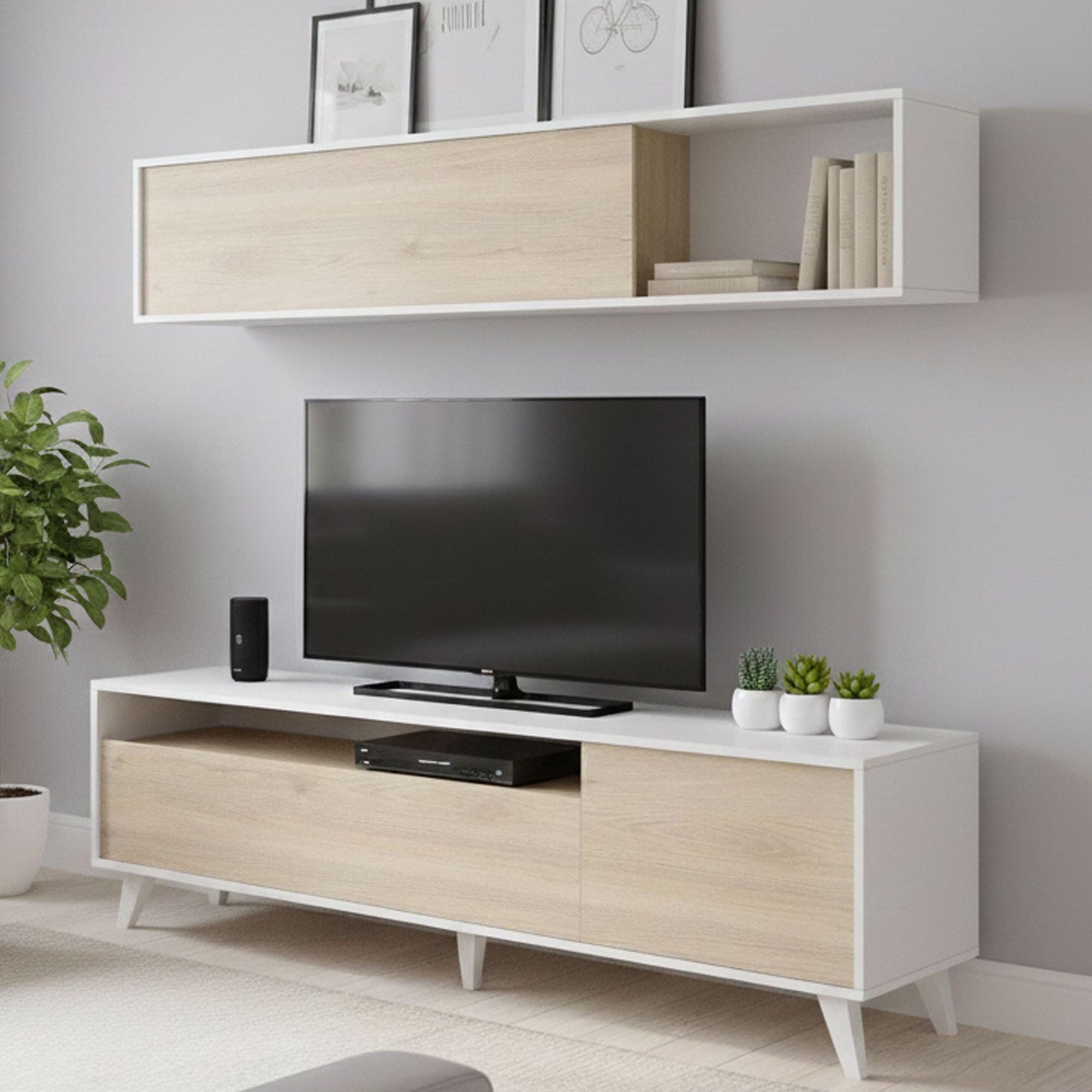 Dmora - Parete attrezzata Tambo, Composizione soggiorno, Mobile salotto multiuso, Armadio porta TV, 180x41 h180 cm, Bianco e Rovere