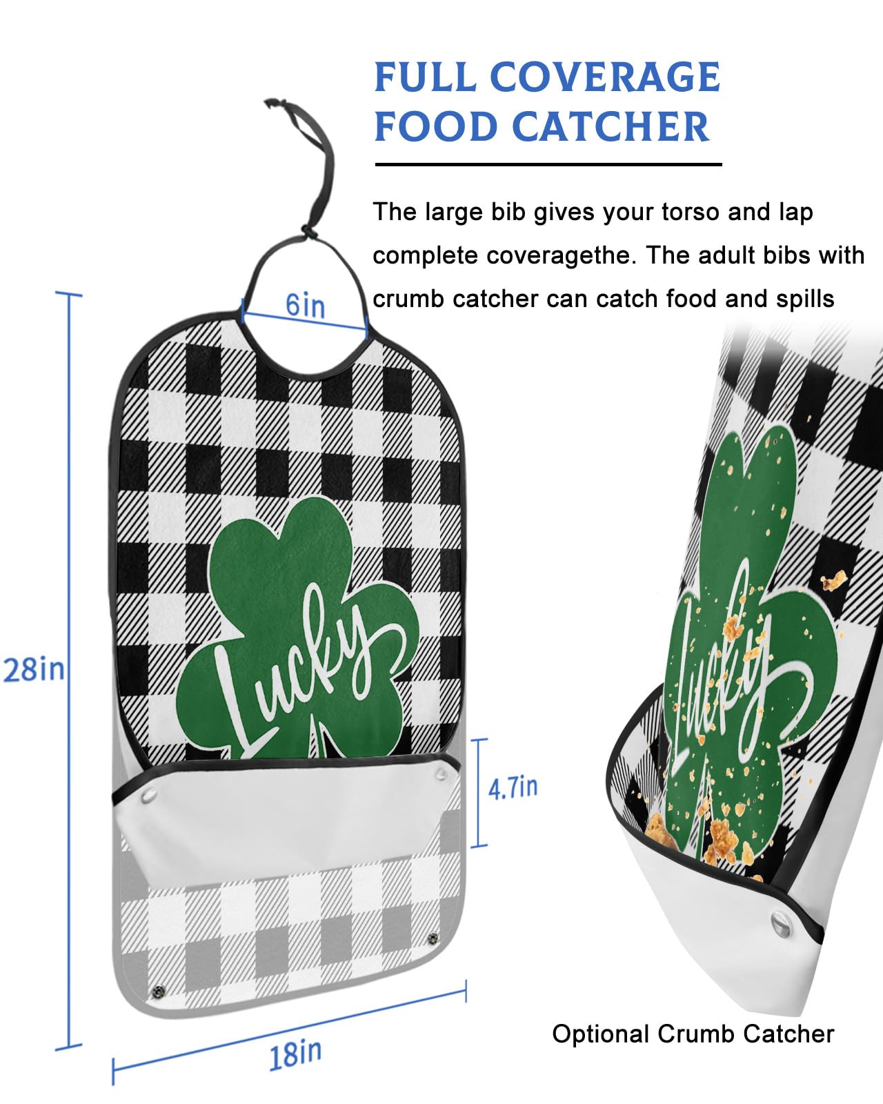 St. Patrick's Day Adult Bibs for Eating, Waterproof Bibs with Food Catcher & Adjustable Snap Closure, Black and White Buffalo Plaid Lucky Clover Clothing Protectors Adult Bibs for Elderly Women/Men