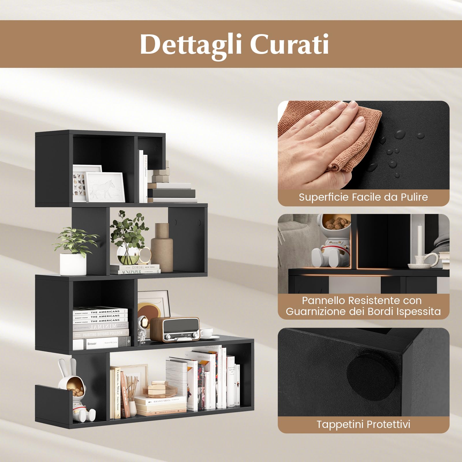 COSTWAY Libreria a Forma di S a 4 Ripiani, Scaffale Aperto Portaoggetti in Legno, Scaffale Verticale Separatore Multifunzionale, per Camera da Letto, Studio, Soggiorno, 80 x 22 x 100 cm (Nero)