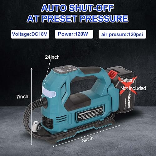 Miniatura 5 de Compresor de aire inalámbrico para inflador de neumáticos compatible con batería Makita de 18 V, bomba de aire digital de 120 W, 120 PSI, modo de