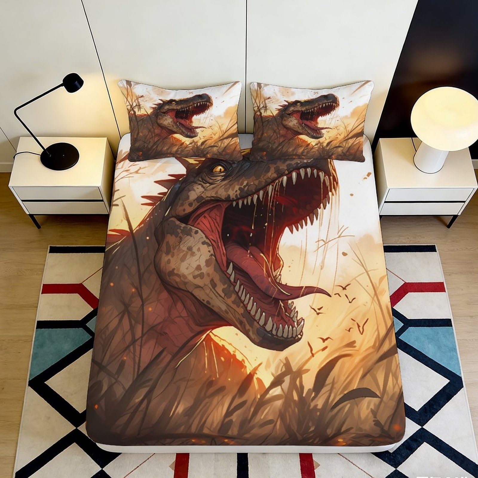 3D Printed Dinosaur Fitted Sheet Microfiber Soft Breathable Jurassic Bed Cover for Bedroom Dormitory Guest Room Mattress Protection Decor 90x200x25cm